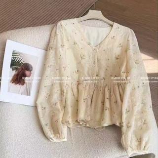 Áo sơ mi nữ phong cách retro Hàn Quốc, cổ chữ V, họa tiết hoa
