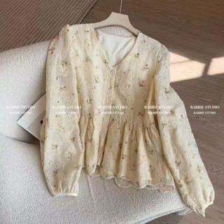 Áo sơ mi nữ phong cách retro Hàn Quốc, cổ chữ V, họa tiết hoa