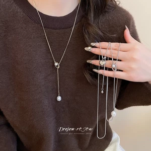 Vòng cổ bạc tông màu ngọc trai hình trái tim Y có thể điều chỉnh, phù hợp làm món quà thời trang