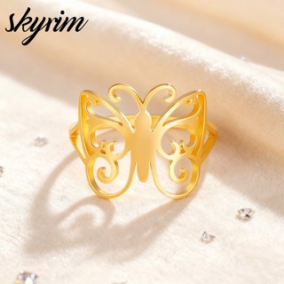 SKYRIM Nhẫn Nữ Bướm Họa Tiết Rỗng Titan Thép Không Gỉ Trang Sức Thời Trang