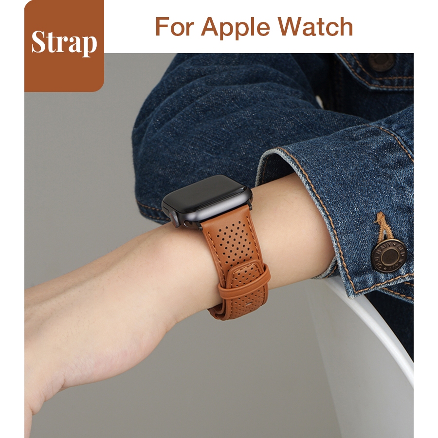 Nam Nữ Lỗ Thông Gió Da Thật Dây Đeo Thông Thường Thích Hợp Cho Apple Watch S11 SE3 Ultra3 S10 S9 S8 SE S7 S6 Ultra 49mm 46mm 40mm 44mm 41mm 45mm Dây Đeo Tay
