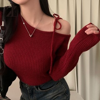 ZHELIHANGFEI Mới Thu Đông Không Đều Cổ Slanted lệch Vai Áo Len Dài Tay Áo Len Nữ