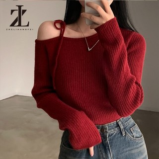 ZHELIHANGFEI Mới Thu Đông Không Đều Cổ Slanted lệch Vai Áo Len Dài Tay Áo Len Nữ