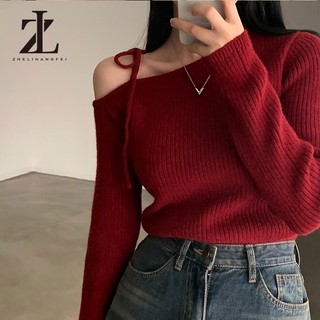 ZHELIHANGFEI Mới Thu Đông Không Đều Cổ Slanted lệch Vai Áo Len Dài Tay Áo Len Nữ