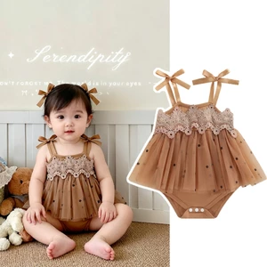 0-24 tháng tuổi Áo liền quần mùa hè cho bé gái, Dây đeo Spaghetti ren in hoa Bộ áo liền quần một mảnh có nút bấm