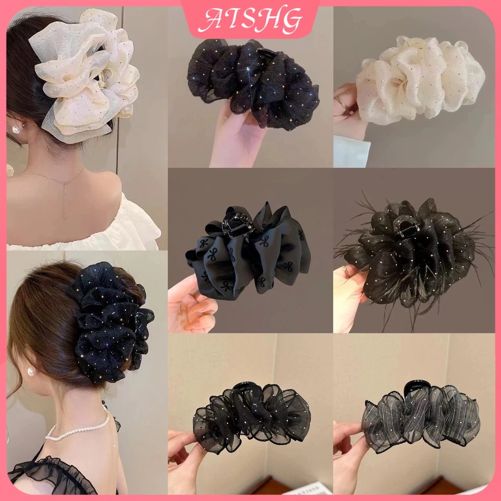 AISHG Xếp Ly Nơ In Tóc Nữ Retro Sang Trọng Cá Mập Kẹp Tính Khí Đa Năng Phụ Kiện Tóc