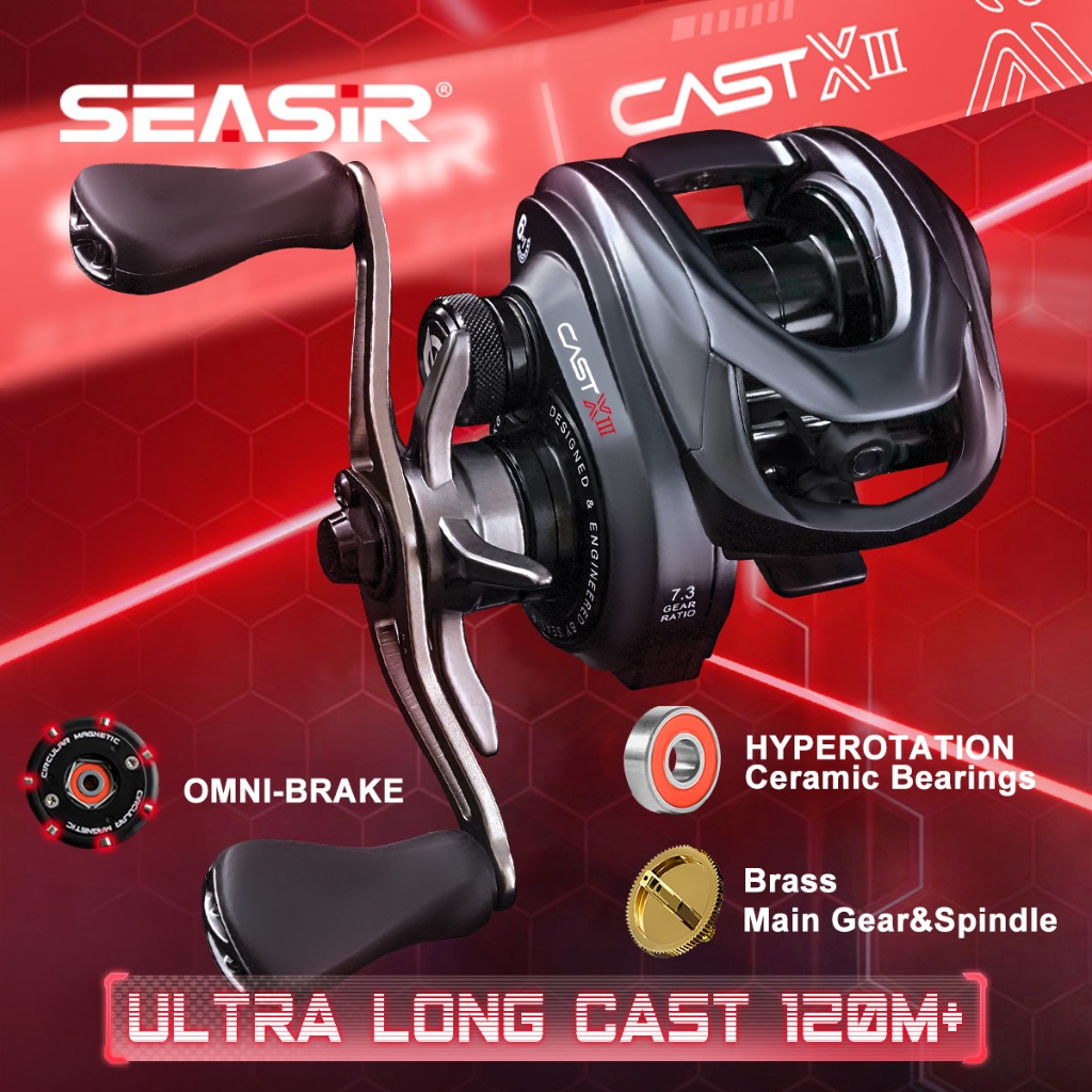 SEASIR CAST-X3 - Cuộn dây dài tới 120m, vòng bi gốm OMNI-MAG-BRAKE, bánh răng đồng thau, phù hợp máy câu cá nước mặn và ngọt