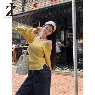 ZHELIHANGFEI Cổ áo chéo mỏng vừa vặn phong cách Hàn Quốc Off-the-Shou