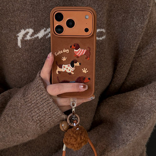 Dễ Thương Sang Trọng Thêu Dachshund Flannel Vải Bóng Wrsit Dây Da Vỏ Điện Thoại Cho iPhone 17Promax 13 14 15 16 Pro Max Sweet Girly Vỏ Di Động