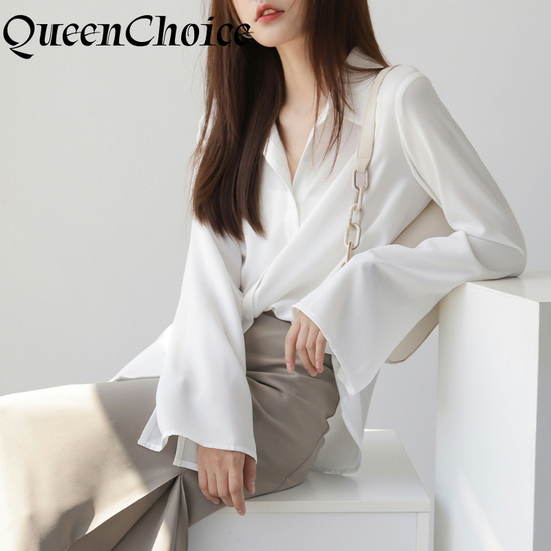 Thời Trang Nữ Áo Voan Chắc Chắn Nữ Dài Tay loe OL Văn Phòng Làm Việc Top Áo Sơ Mi
