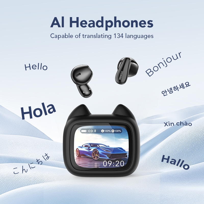 Miniso MS102  Tai nghe dịch AI Không dây Bluetooth 6.0 Dịch 136 ngôn ngữ theo thời gian thực Thiết kế màn hình cảm ứng Thời lượng pin 12 giờ Chống nước IPX5 Thiết kế tai mèo | BigBuy360 - bigbuy360.vn