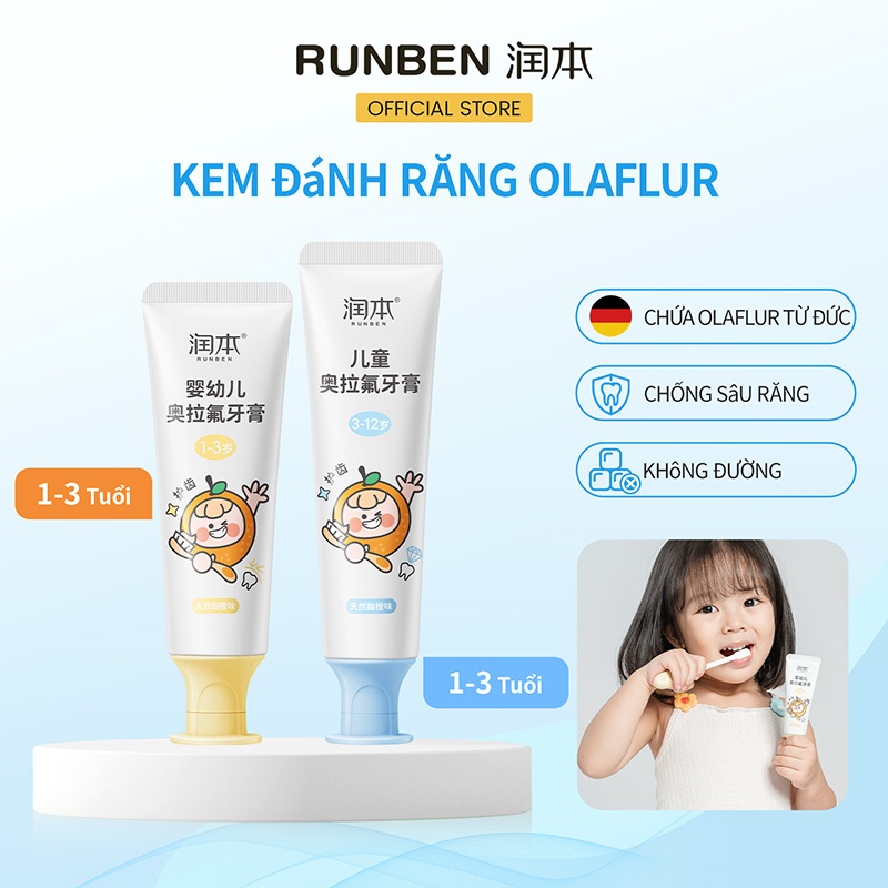 RUNBEN Kem đánh răng chống sâu răng Olaf hương cam dành cho trẻ em từ 1-12 tuổi Hương vị cam tự nhiên