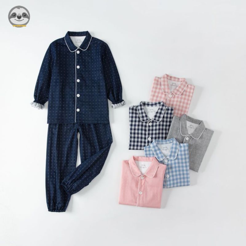 Phong cách Nhật Bản Muji Style / Quần áo dài miệng co giãn cho trẻ em / Bộ đồ ngủ bằng sợi đôi Cotton nguyên chất cho trẻ em / Quần áo ngồi thoải mái cho bé trai bé gái