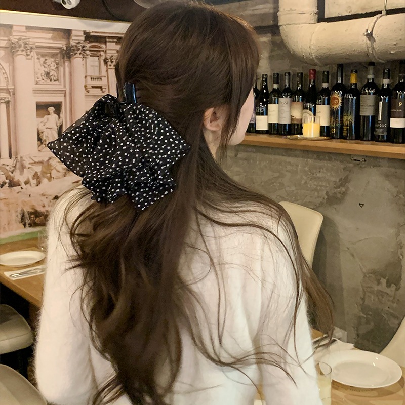 Thời trang Hàn Quốc - Kẹp tóc voan chấm bi và nơ, thiết kế thanh lịch