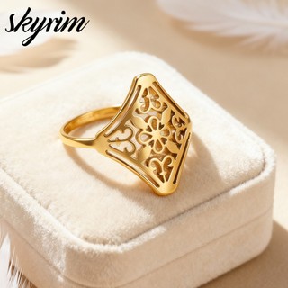 Nhẫn hoa vàng rỗng cổ điển cho nữ, thép không gỉ bền đẹp - quà tặng thời trang Skyrim