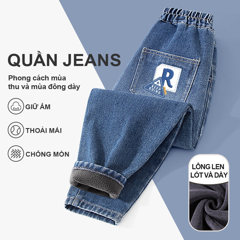 W.G.Q Quần jean bé trai , Lớp lót lông cừu phong cách thu đông dày, ấm áp thoải mái, có túi và in