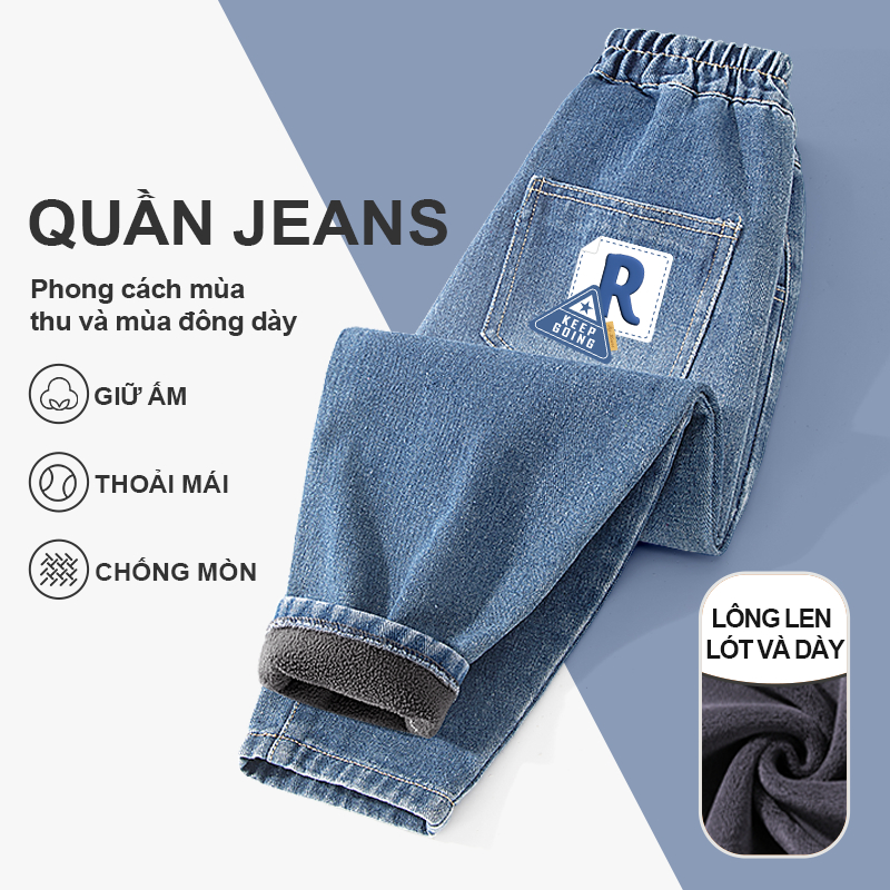 W.G.Q Quần jean bé trai , Lớp lót lông cừu phong cách thu đông dày, ấm áp thoải mái, có túi và in