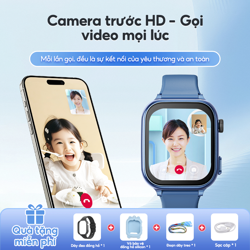 Kiumo【2 Dây Đeo Đồng Hồ + Vỏ Silicon】 Đồng Hồ Thông Minh Trẻ Em 4G Kiumo - Định Vị GPS Chính Xác, Gọi Video HD, Chống Nước, Màn Hình Cảm Ứng IPS HD, Pin 750mAh, Tặng Dây Đeo Nhiều Màu Sắc