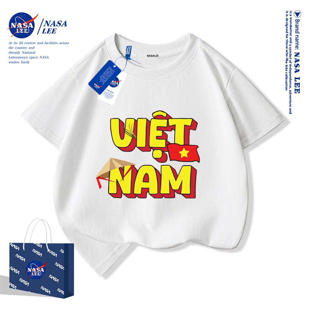 Áo thun ngắn tay trẻ em thương hiệu NASA, in cờ Việt Nam, bé trai bé gái, mùa hè, chất liệu cotton, phong cách thoải mái.