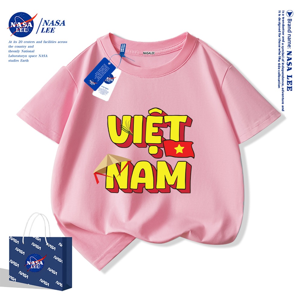Áo thun ngắn tay trẻ em thương hiệu NASA, in cờ Việt Nam, bé trai bé gái, mùa hè, chất liệu cotton, phong cách thoải mái.