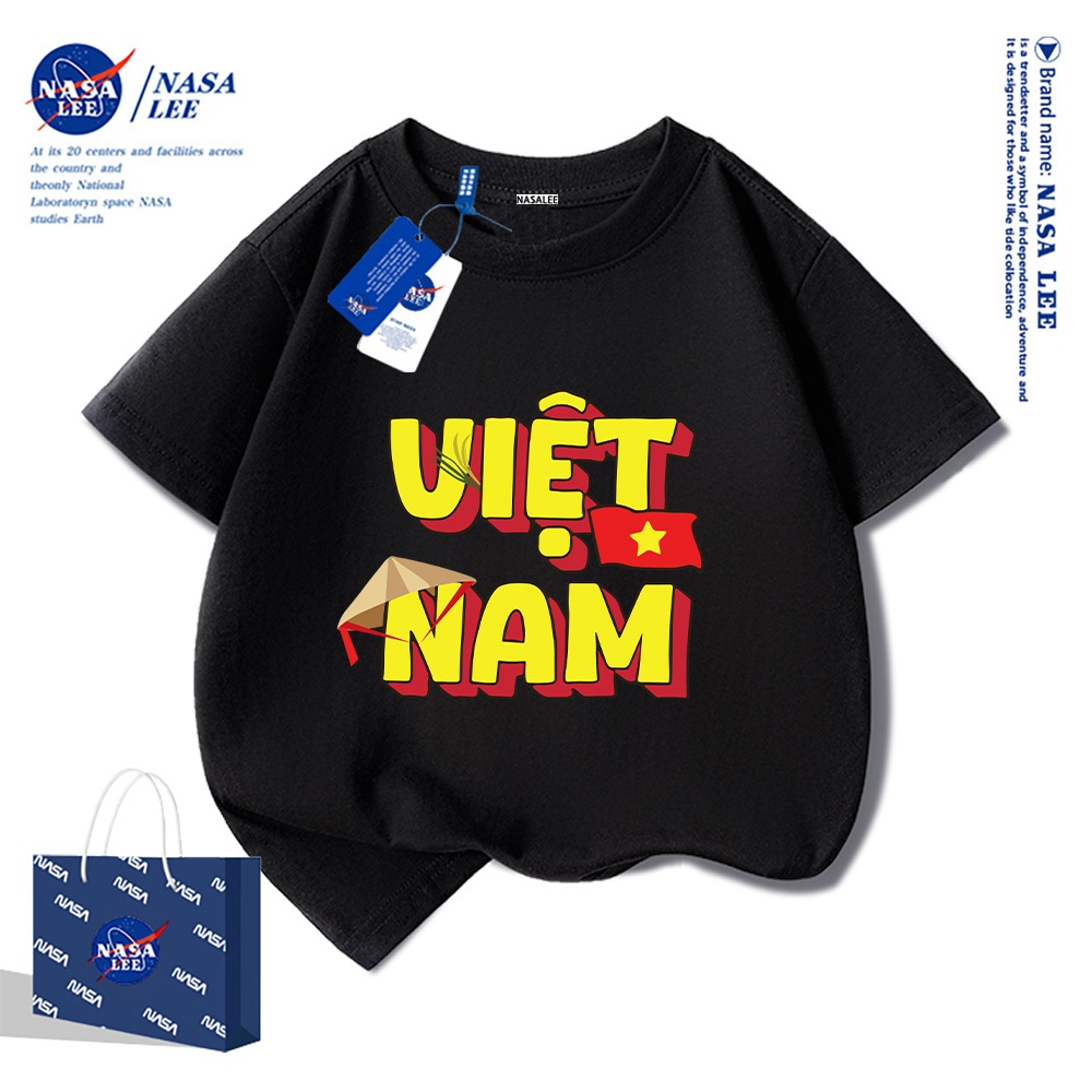 Áo thun ngắn tay trẻ em thương hiệu NASA, in cờ Việt Nam, bé trai bé gái, mùa hè, chất liệu cotton, phong cách thoải mái.