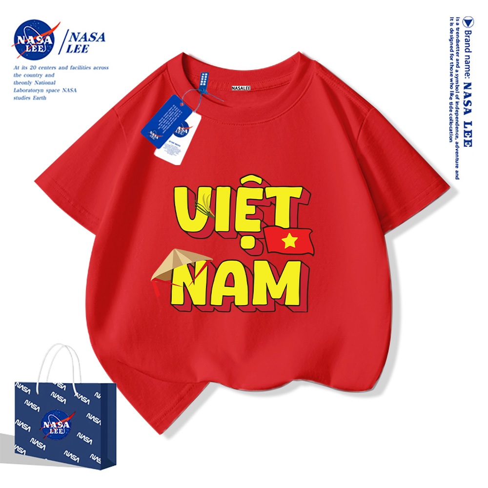 Áo thun ngắn tay trẻ em thương hiệu NASA, in cờ Việt Nam, bé trai bé gái, mùa hè, chất liệu cotton, phong cách thoải mái.
