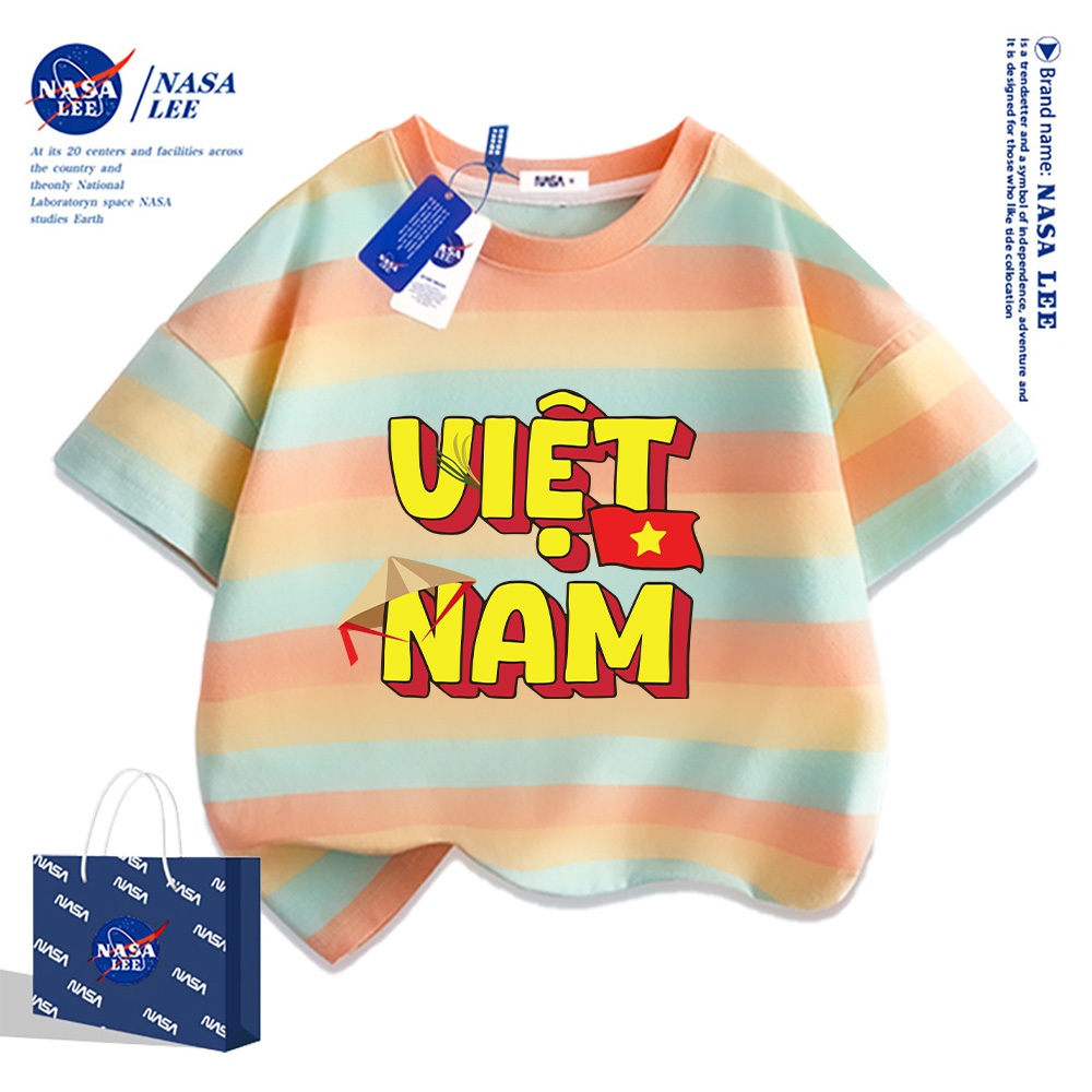 Áo thun ngắn tay trẻ em thương hiệu NASA, in cờ Việt Nam, bé trai bé gái, mùa hè, chất liệu cotton, phong cách thoải mái.