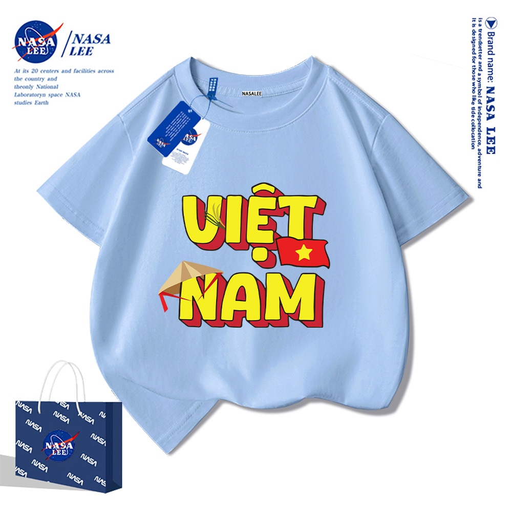 Áo thun ngắn tay trẻ em thương hiệu NASA, in cờ Việt Nam, bé trai bé gái, mùa hè, chất liệu cotton, phong cách thoải mái.