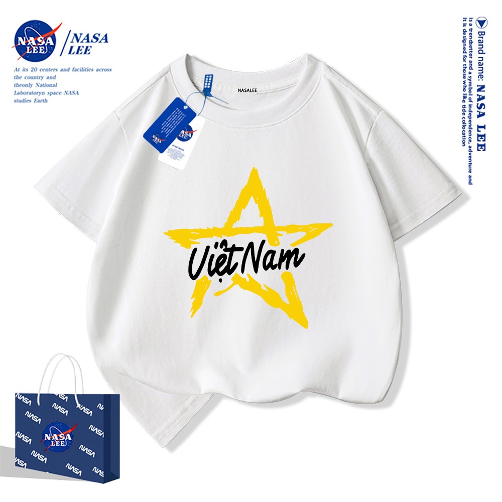 Áo thun ngắn tay trẻ em thương hiệu NASA, in cờ Việt Nam, bé trai bé gái, mùa hè, chất liệu cotton, phong cách thoải mái.