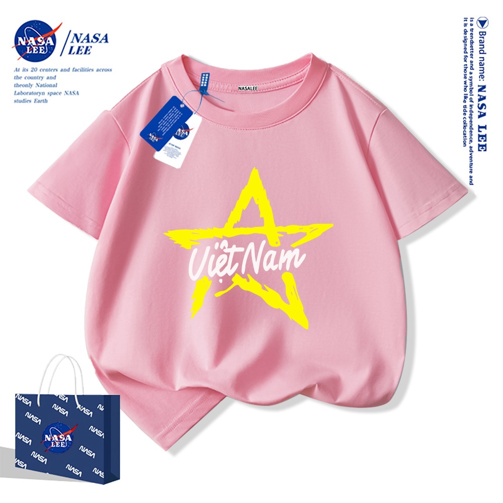 Áo thun ngắn tay trẻ em thương hiệu NASA, in cờ Việt Nam, bé trai bé gái, mùa hè, chất liệu cotton, phong cách thoải mái.