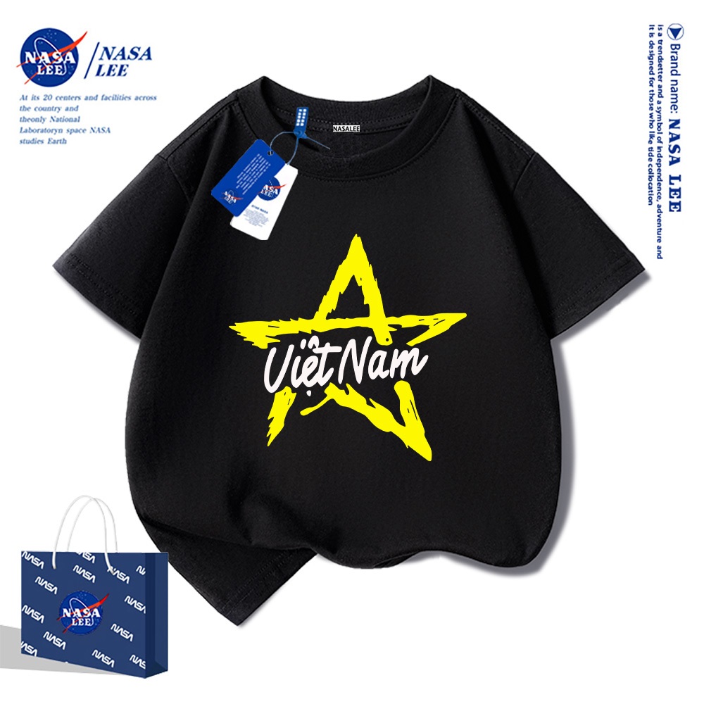 Áo thun ngắn tay trẻ em thương hiệu NASA, in cờ Việt Nam, bé trai bé gái, mùa hè, chất liệu cotton, phong cách thoải mái.