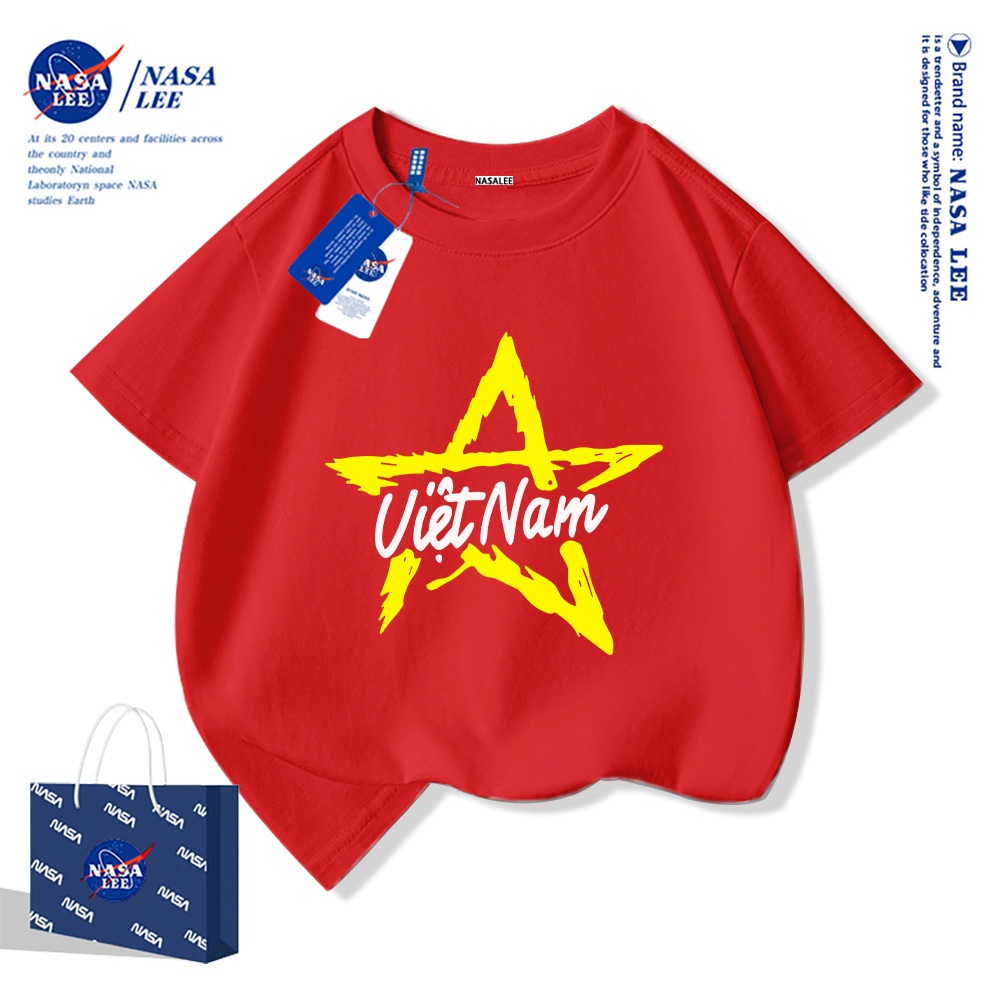 Áo thun ngắn tay trẻ em thương hiệu NASA, in cờ Việt Nam, bé trai bé gái, mùa hè, chất liệu cotton, phong cách thoải mái.