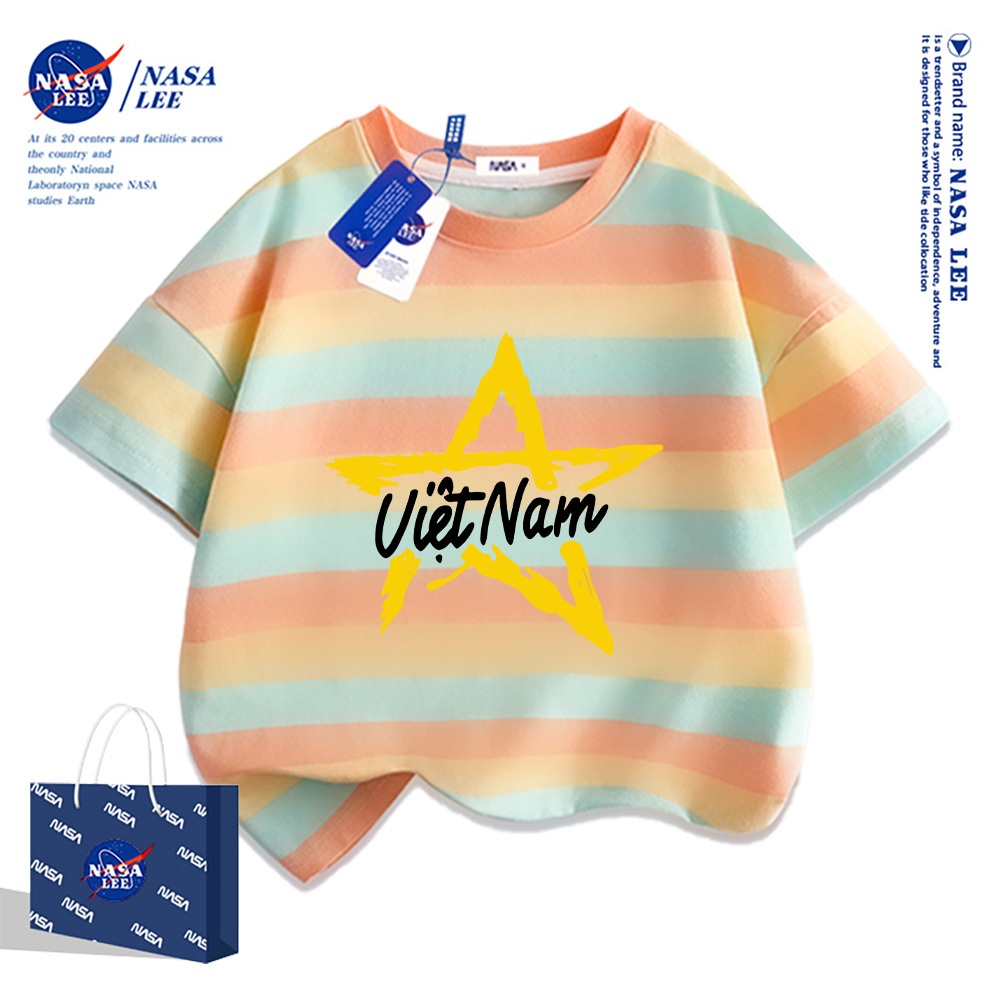 Áo thun ngắn tay trẻ em thương hiệu NASA, in cờ Việt Nam, bé trai bé gái, mùa hè, chất liệu cotton, phong cách thoải mái.