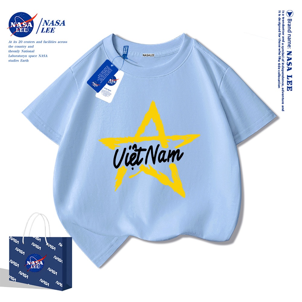 Áo thun ngắn tay trẻ em thương hiệu NASA, in cờ Việt Nam, bé trai bé gái, mùa hè, chất liệu cotton, phong cách thoải mái.