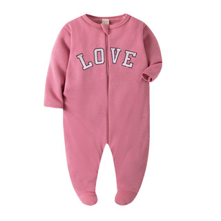 Áo liền quần có khóa kéo mùa đông cho bé gái - Onesie chân in hình trái tim mềm mại mượt "Good Vibes", Bộ áo liền quần ấm áp cho bé gái mới biết đi có thiết kế dây kéo, Quần áo bé gái sơ sinh