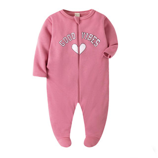 Áo liền quần có khóa kéo mùa đông cho bé gái - Onesie chân in hình trái tim mềm mại mượt "Good Vibes", Bộ áo liền quần ấm áp cho bé gái mới biết đi có thiết kế dây kéo, Quần áo bé gái sơ sinh