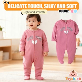 Áo liền quần có khóa kéo mùa đông cho bé gái - Onesie chân in hình trái tim mềm mại mượt "Good Vibes", Bộ áo liền quần ấm áp cho bé gái mới biết đi có thiết kế dây kéo, Quần áo bé gái sơ sinh