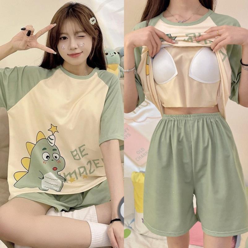 【Có độn ngực】Bộ đồ ngủ nữ mặc nhà hè dễ thương, áo thun rộng in họa tiết động vật, có miếng ngực tiện lợi kèm quần short