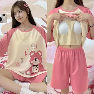 【Có độn ngực】Bộ đồ ngủ nữ mặc nhà hè dễ thương, áo thun rộng in họa tiết động vật, có miếng ngực tiện lợi kèm quần short