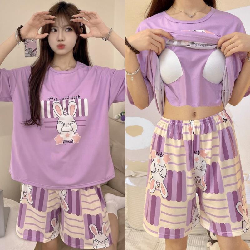 【Có độn ngực】Bộ đồ ngủ nữ mặc nhà hè dễ thương, áo thun rộng in họa tiết động vật, có miếng ngực tiện lợi kèm quần short