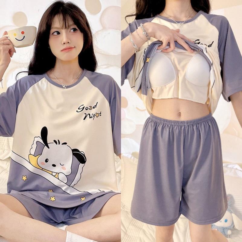 【Có độn ngực】Bộ đồ ngủ nữ mặc nhà hè dễ thương, áo thun rộng in họa tiết động vật, có miếng ngực tiện lợi kèm quần short