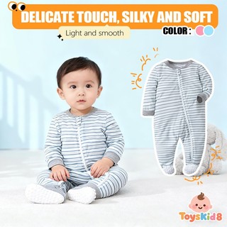 Áo liền quần có chân sơ sinh, Áo liền quần mềm mại sọc mượt cho bé trai, Áo ngủ trẻ sơ sinh có dây kéo dài tay 0-12M