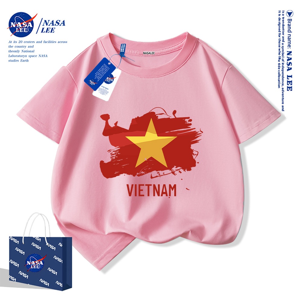 Áo thun ngắn tay trẻ em thương hiệu NASA, in cờ Việt Nam, bé trai bé gái, mùa hè, chất liệu cotton, phong cách thoải mái.