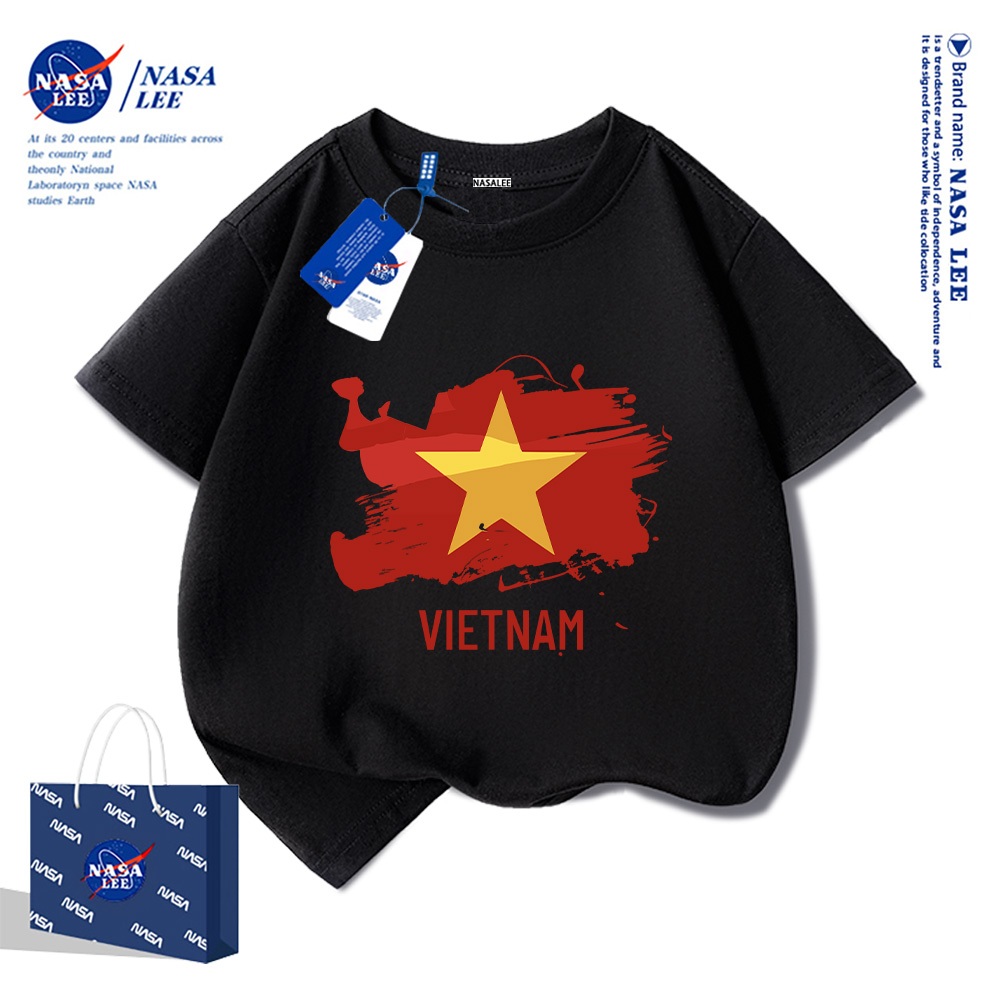 Áo thun ngắn tay trẻ em thương hiệu NASA, in cờ Việt Nam, bé trai bé gái, mùa hè, chất liệu cotton, phong cách thoải mái.