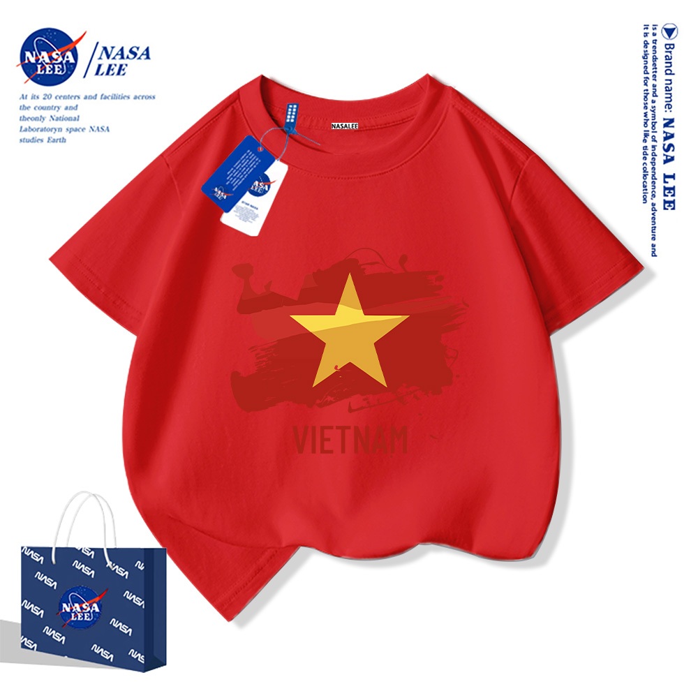 Áo thun ngắn tay trẻ em thương hiệu NASA, in cờ Việt Nam, bé trai bé gái, mùa hè, chất liệu cotton, phong cách thoải mái.