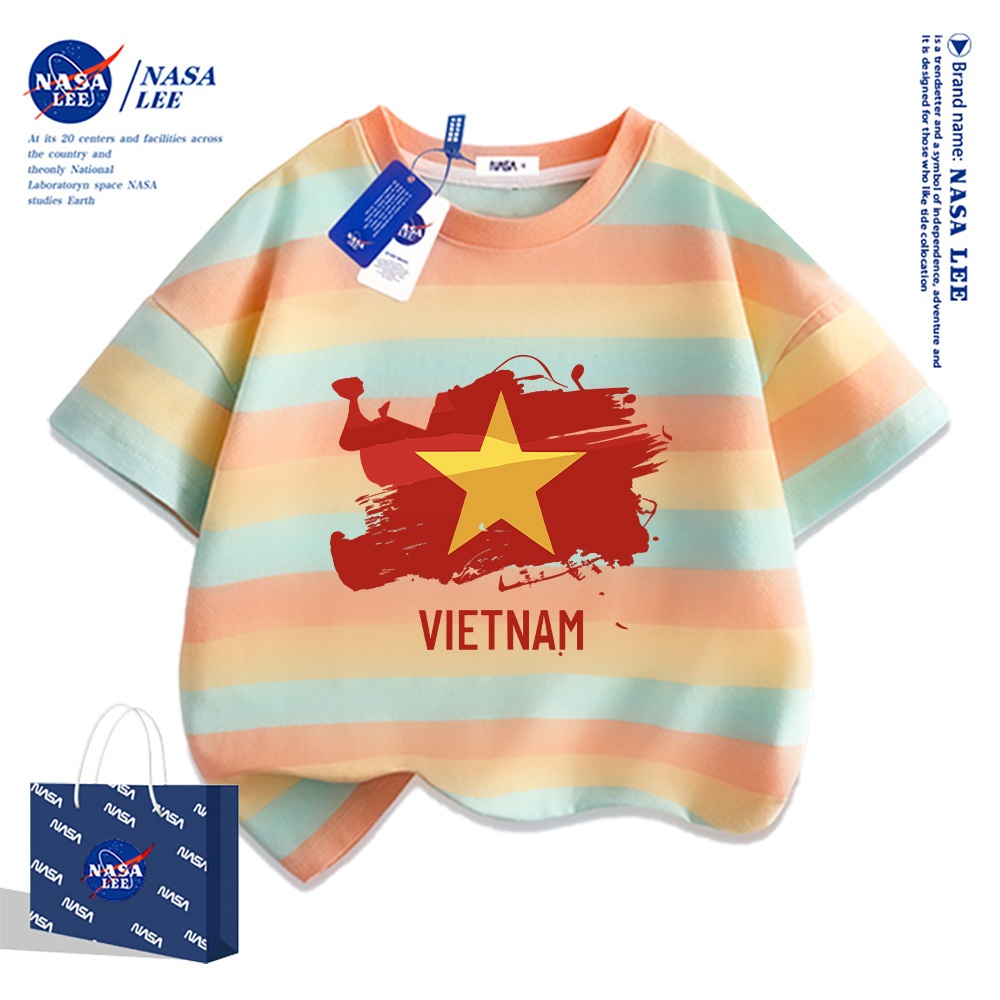 Áo thun ngắn tay trẻ em thương hiệu NASA, in cờ Việt Nam, bé trai bé gái, mùa hè, chất liệu cotton, phong cách thoải mái.