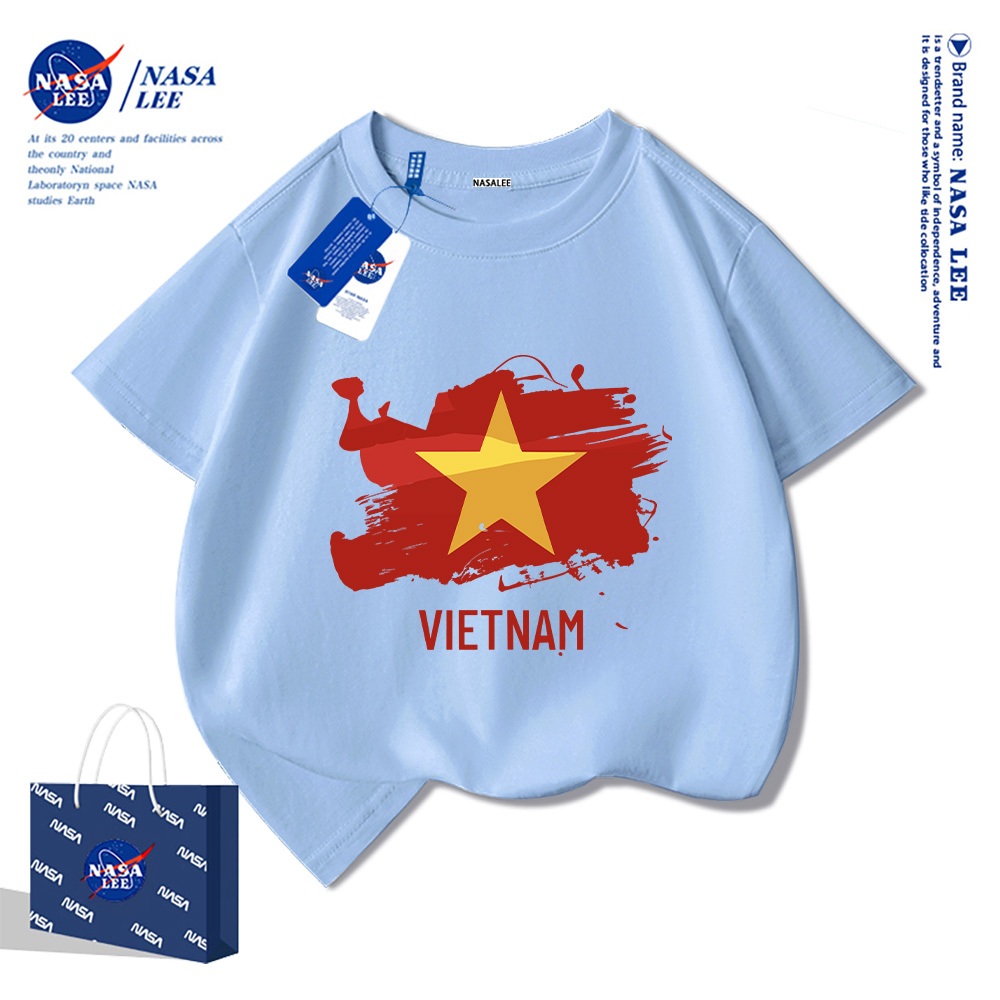 Áo thun ngắn tay trẻ em thương hiệu NASA, in cờ Việt Nam, bé trai bé gái, mùa hè, chất liệu cotton, phong cách thoải mái.