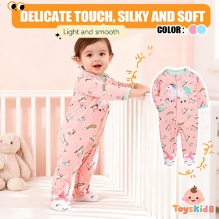 Áo liền quần có chân sơ sinh, Áo liền quần mềm mại in hình kỳ lân cho bé gái, Áo ngủ trẻ sơ sinh có dây kéo dài tay 0-12M
