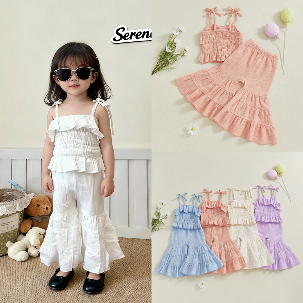Bộ bé gái 6M-6Y, Dây đeo viền không tay Camisoles + Dây thắt lưng co giãn Quần loe mùa hè