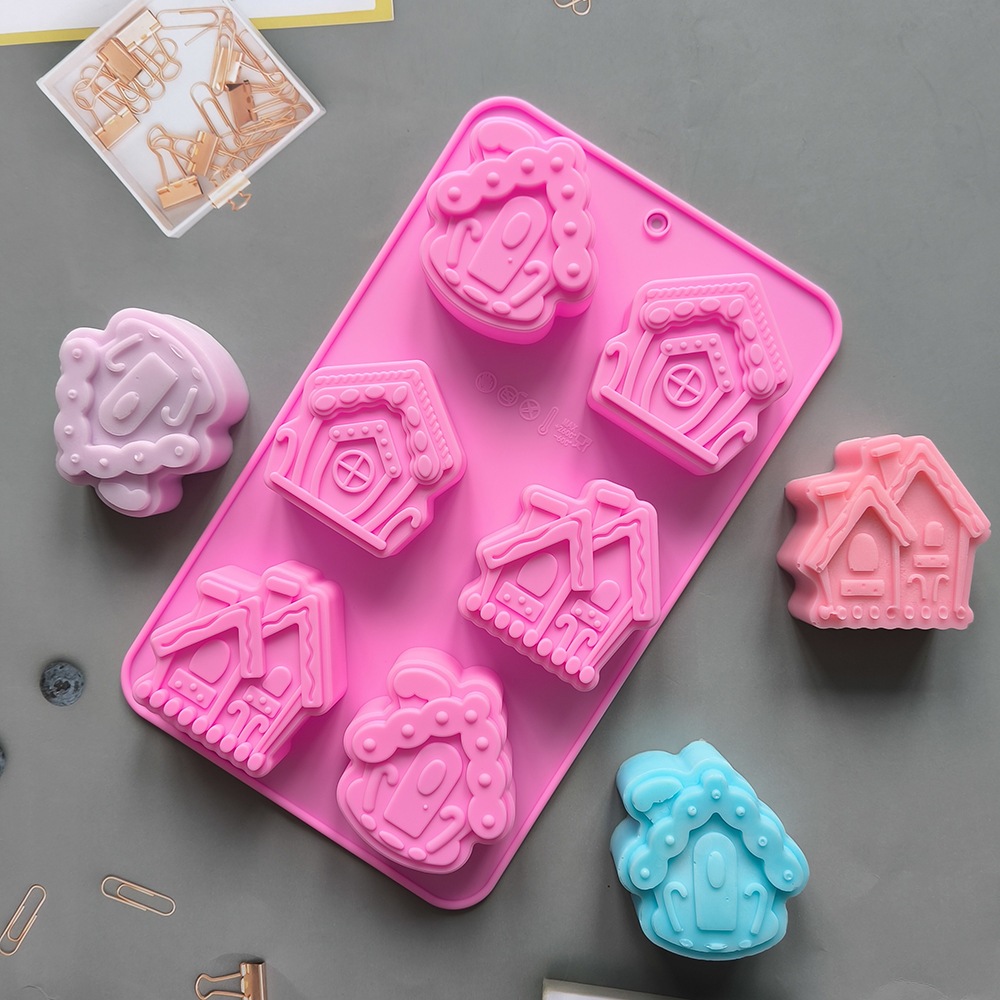 6 Khoang Nhà Mô Hình Khuôn Silicon Giáng Sinh Series Pháp Mousse Bánh Khuôn Nhà Xà Phòng Handmade Khuôn Socola Cơm Pudding Khuôn DIY Nướng Bánh